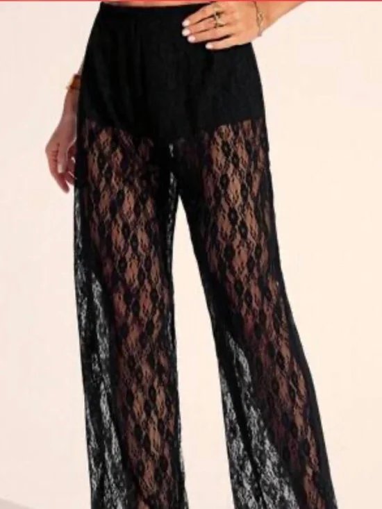 🤩SHEIN Women’s Black Lace Elastic Waist Straight pants - size 6 - Picture 1 of 9